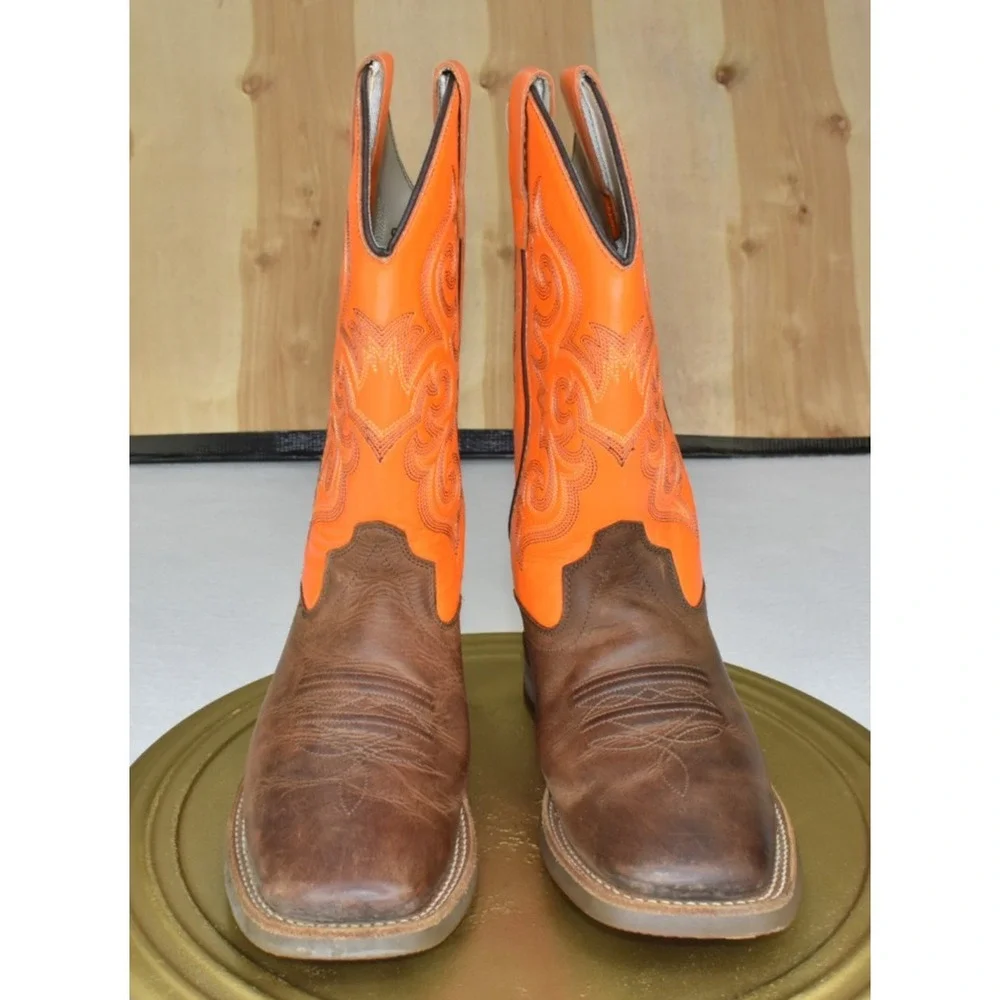 Old West Unisex Youth Boots Size 3.5 D Western Brown/Orange Embroidered